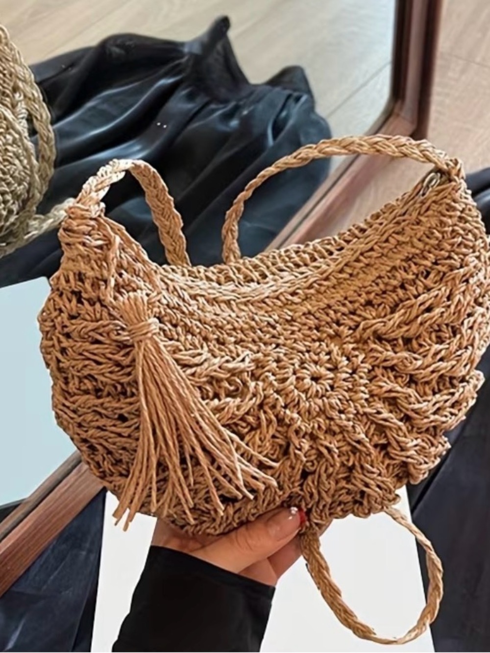Woven Straw Tassel Shoulder Bag in Tan